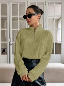 DAZY Half Zip Drop Shoulder Textured Sweatshirt - Lime Green - View 1