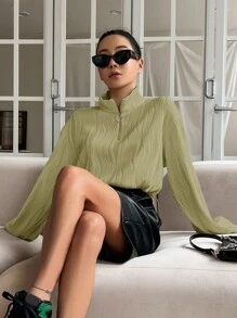 DAZY Half Zip Drop Shoulder Textured Sweatshirt - Lime Green - View 3