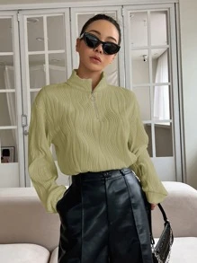 DAZY Half Zip Drop Shoulder Textured Sweatshirt - Lime Green - View 5