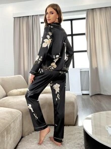 Floral Print Contrast Piping Satin PJ Set / Pajama Set - Black - View 2