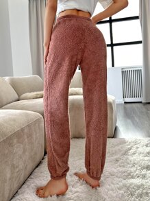 Women's Dusty Pink Flannelette Long Fluffy Pajama Bottoms Casual High Stretch Lounge Pants, Cozy, Winter - Dusty Pink - View 2