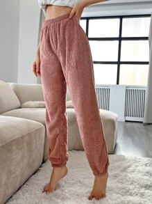 Women's Dusty Pink Flannelette Long Fluffy Pajama Bottoms Casual High Stretch Lounge Pants, Cozy, Winter - Dusty Pink - View 4