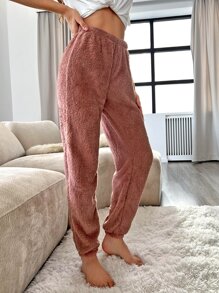 Women's Dusty Pink Flannelette Long Fluffy Pajama Bottoms Casual High Stretch Lounge Pants, Cozy, Winter - Dusty Pink - View 5