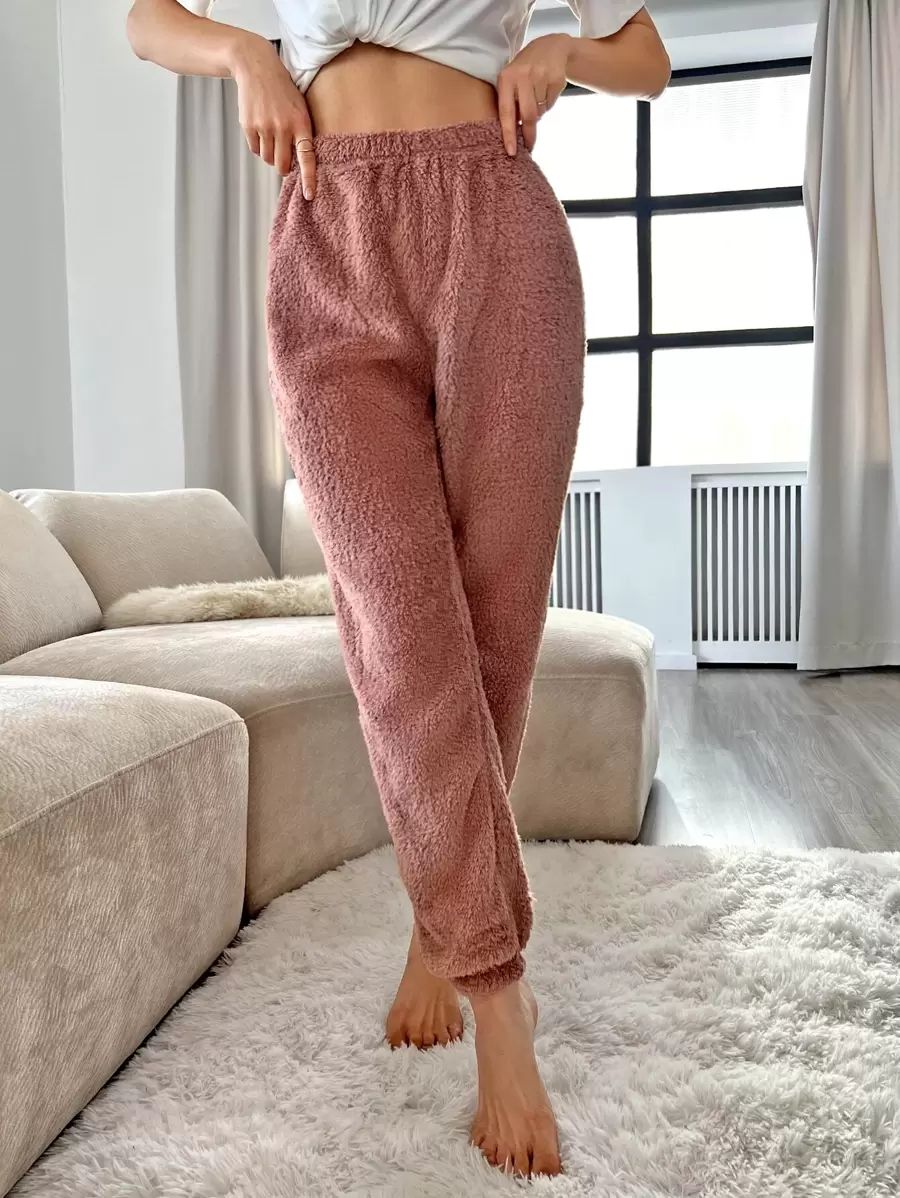 Women's Dusty Pink Flannelette Long Fluffy Pajama Bottoms Casual High Stretch Lounge Pants, Cozy, Winter - Dusty Pink - View 1