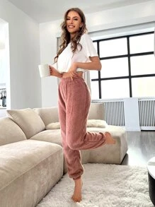 Women's Dusty Pink Flannelette Long Fluffy Pajama Bottoms Casual High Stretch Lounge Pants, Cozy, Winter - Dusty Pink - View 6