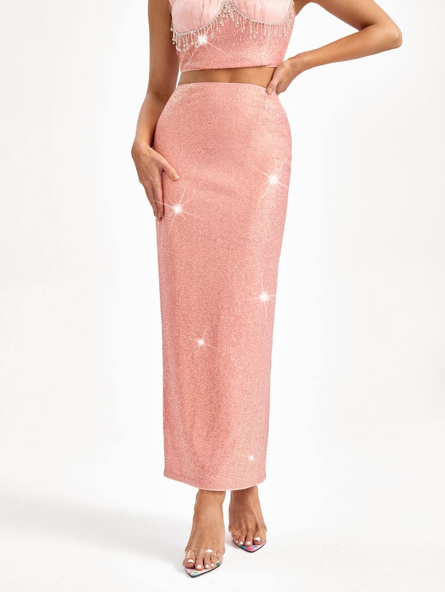 Becci 高腰後背開衩亮片半身裙 - 淺粉色 - 查看 1