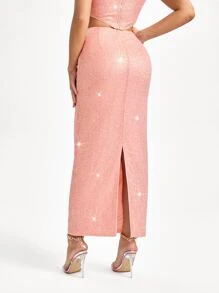 Becci 高腰後背開衩亮片半身裙 - 淺粉色 - 查看 2