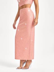 Becci 高腰後背開衩亮片半身裙 - 淺粉色 - 查看 4