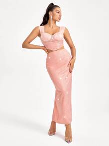 Becci 高腰後背開衩亮片半身裙 - 淺粉色 - 查看 6
