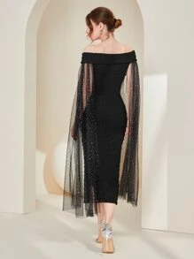 Modelyn Off Shoulder Cloak Sleeve Split Back Glitter Dress Without Belt - Black - View 4