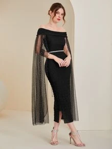 Modelyn Off Shoulder Cloak Sleeve Split Back Glitter Dress Without Belt - Black - View 3
