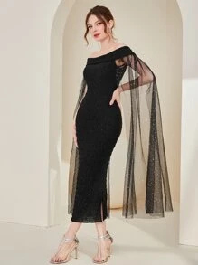 Modelyn Off Shoulder Cloak Sleeve Split Back Glitter Dress Without Belt - Black - View 2
