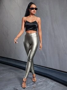 SHEIN BAE 彈性腰帶PU皮革緊身打底褲 - 銀色 - 查看 6