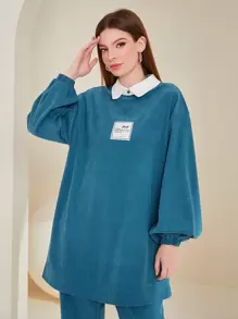 Mulvari Contrast Collar Letter Patched Drop Shoulder Sweatshirt - Blue - View 1