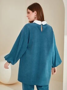 Mulvari Contrast Collar Letter Patched Drop Shoulder Sweatshirt - Blue - View 3