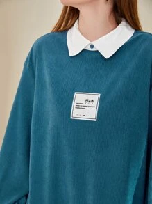 Mulvari Contrast Collar Letter Patched Drop Shoulder Sweatshirt - Blue - View 5