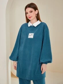 Mulvari Contrast Collar Letter Patched Drop Shoulder Sweatshirt - Blue - View 6