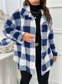 SHEIN LUNE Abrigo teddy con patrón de cuadros de hombros caídos - Azul - Ver 1