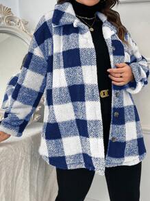 SHEIN LUNE Abrigo teddy con patrón de cuadros de hombros caídos - Azul - Ver 4