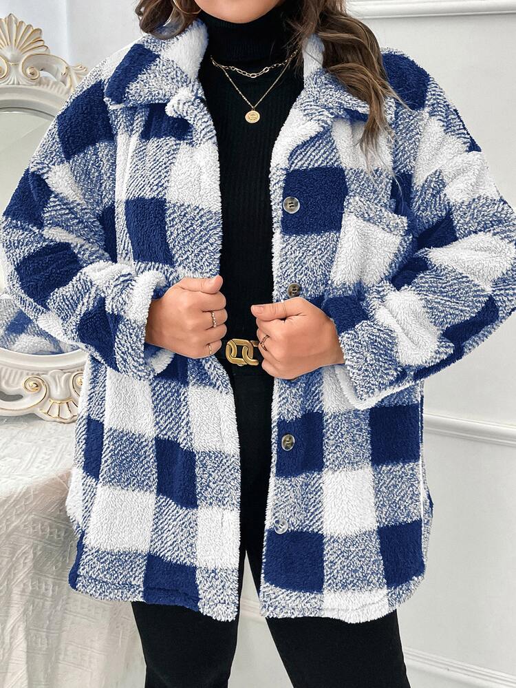 SHEIN LUNE Plus Buffalo Plaid Pattern Drop Shoulder Teddy Coat - Blue - View 5