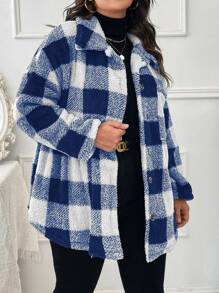 SHEIN LUNE Abrigo teddy con patrón de cuadros de hombros caídos - Azul - Ver 6