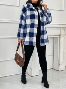 SHEIN LUNE Abrigo teddy con patrón de cuadros de hombros caídos - Azul - Ver 7