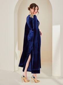 Modelyn 花卉刺繡流蘇開衩袖絲絨連衣裙 - 藏蓝色 - 查看 3