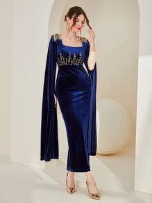 Modelyn 花卉刺繡流蘇開衩袖絲絨連衣裙 - 藏蓝色 - 查看 4