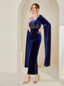 Modelyn 花卉刺繡流蘇開衩袖絲絨連衣裙 - 藏蓝色 - 查看 2