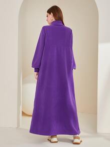 Mulvari Mock Neck Lantern Sleeve Dress Modest Dress - Violet Purple - View 3