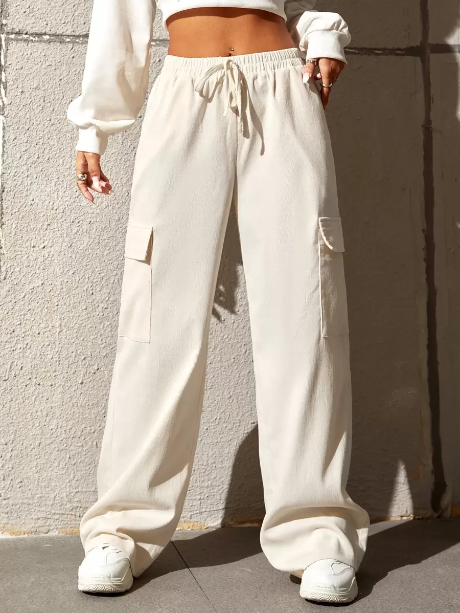 SHEIN EZwear 腰部抽繩翻蓋口袋工裝褲 - 杏色 - 查看 1