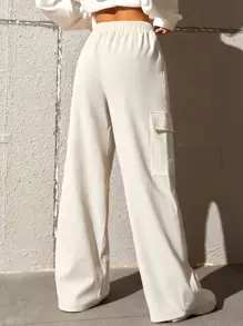 SHEIN EZwear 腰部抽繩翻蓋口袋工裝褲 - 杏色 - 查看 2