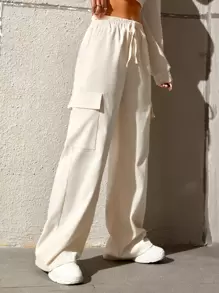 SHEIN EZwear 腰部抽繩翻蓋口袋工裝褲 - 杏色 - 查看 3