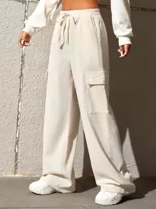 SHEIN EZwear 腰部抽繩翻蓋口袋工裝褲 - 杏色 - 查看 4