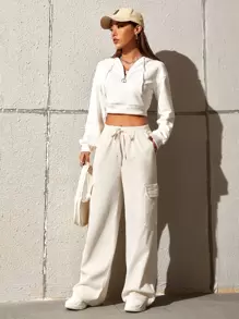 SHEIN EZwear 腰部抽繩翻蓋口袋工裝褲 - 杏色 - 查看 5