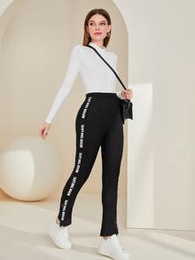 Mulvari Letter Tape Side Textured Leggings - Black - View 5