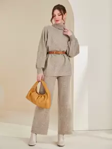 Mulvari Turtle Neck Drop Shoulder Jumper & Knit Trousers Without Belt - Apricot - View 1