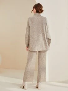 Mulvari Turtle Neck Drop Shoulder Jumper & Knit Trousers Without Belt - Apricot - View 2
