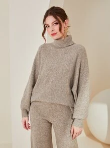 Mulvari Turtle Neck Drop Shoulder Jumper & Knit Trousers Without Belt - Apricot - View 3