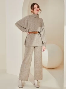 Mulvari Turtle Neck Drop Shoulder Jumper & Knit Trousers Without Belt - Apricot - View 4