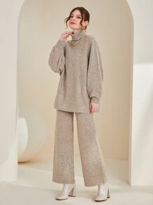 Mulvari Turtle Neck Drop Shoulder Jumper & Knit Trousers Without Belt - Apricot - View 5