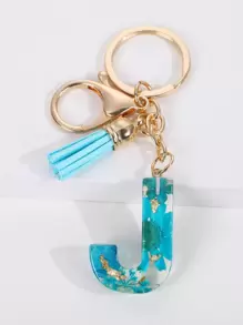 Floral Detail Tassel & Letter Charm Keychain - Blue - View 1