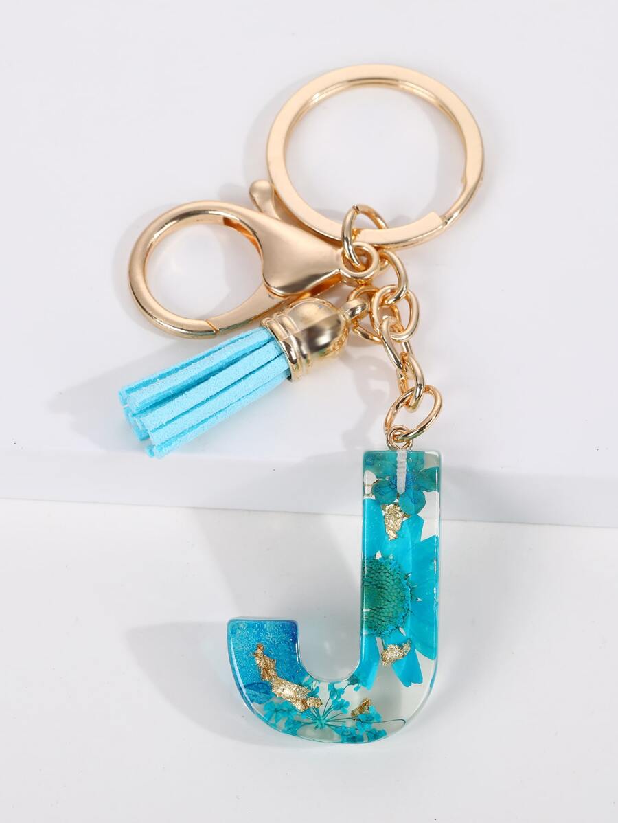 Floral Detail Tassel & Letter Charm Keychain - Blue - View 1
