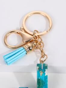 Floral Detail Tassel & Letter Charm Keychain - Blue - View 3