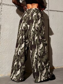 SHEIN ICON Camo Print Drawstring Hem Parachute Pants - Green - View 3