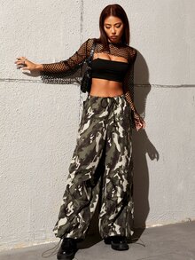 SHEIN ICON Camo Print Drawstring Hem Parachute Pants - Green - View 4