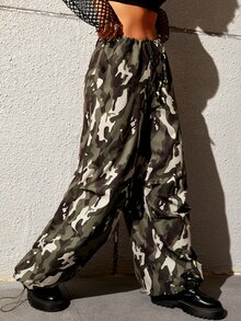 SHEIN ICON Camo Print Drawstring Hem Parachute Pants - Green - View 5