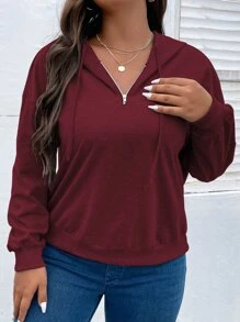 SHEIN LUNE Plus Size Half Zip Drop Shoulder Sweatshirt - Maroon - View 1