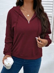 SHEIN LUNE Plus Size Half Zip Drop Shoulder Sweatshirt - Maroon - View 3