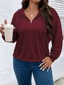 SHEIN LUNE Plus Size Half Zip Drop Shoulder Sweatshirt - Maroon - View 5